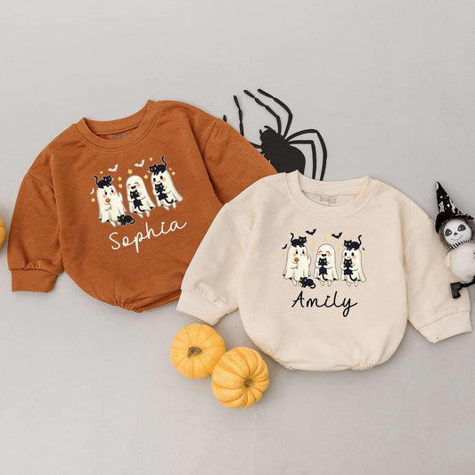 Custom Name Halloween Baby Sweatshirt Cute Ghosts & Bats Fall Toddler Outfit Personalized Spooky Ghost Pumpkin Shirt Baby Shower Gift Unisex