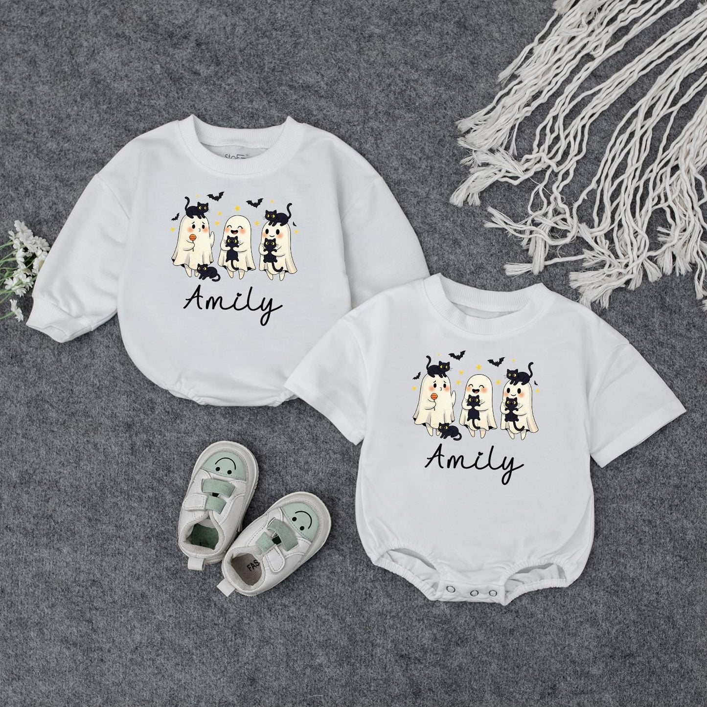 Custom Name Halloween Baby Sweatshirt Cute Ghosts & Bats Fall Toddler Outfit Personalized Spooky Ghost Pumpkin Shirt Baby Shower Gift Unisex