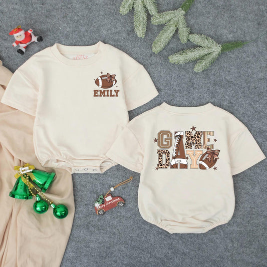 Custom Name "EMILY" Pink Football Baby Romper Cute Sporty Game Day Girl Outfit with Bows and Stars Toddler Infant Outfit