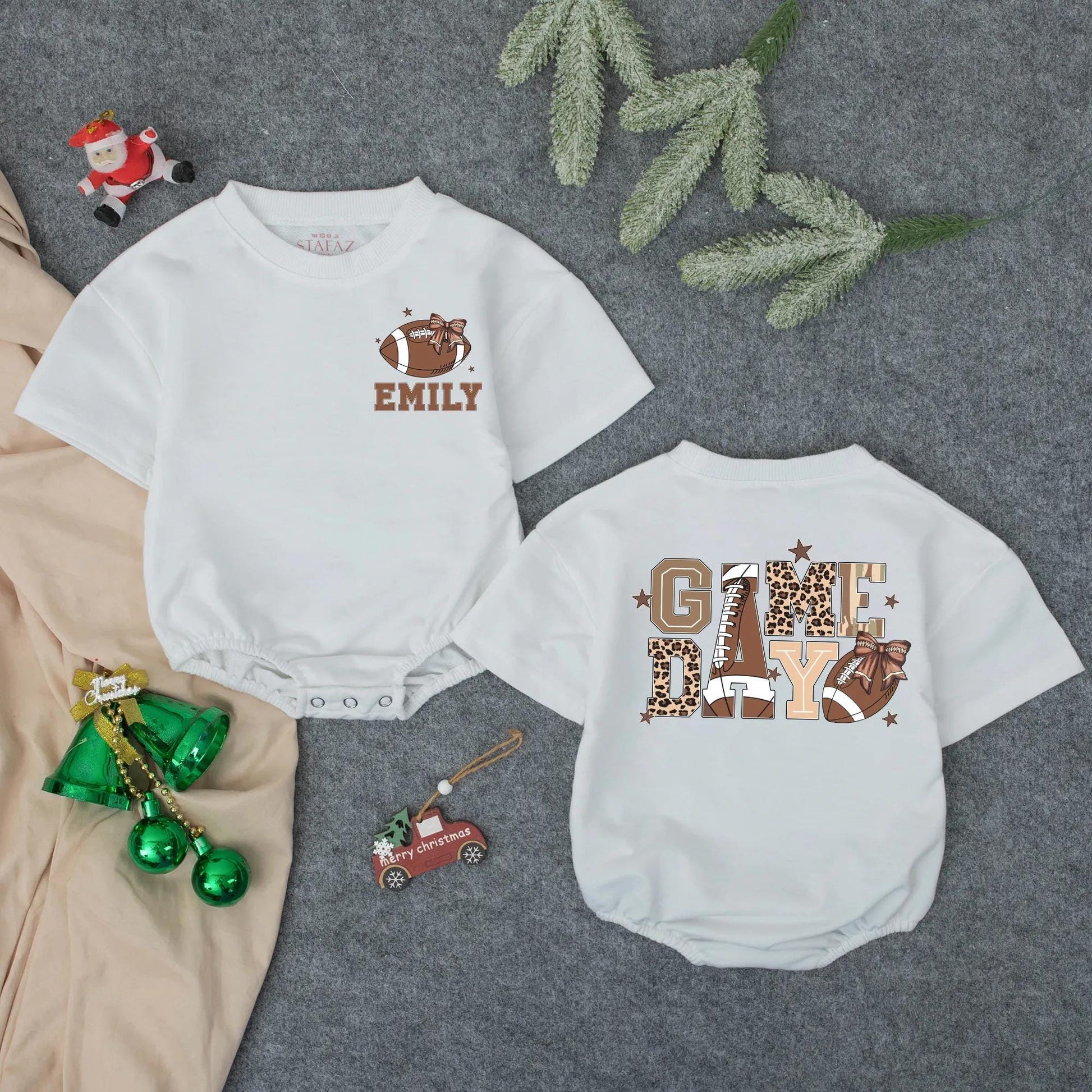 Custom Name "EMILY" Pink Football Baby Romper Cute Sporty Game Day Girl Outfit with Bows and Stars Toddler Infant Outfit