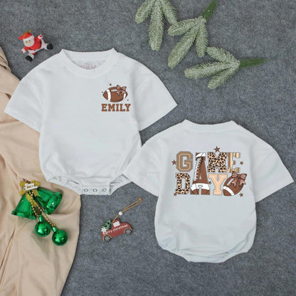 Custom Name "EMILY" Pink Football Baby Romper Cute Sporty Game Day Girl Outfit with Bows and Stars Toddler Infant Outfit