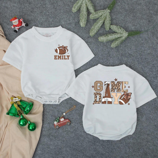 Custom Name "EMILY" Pink Football Baby Romper Cute Sporty Game Day Girl Outfit with Bows and Stars Toddler Infant Outfit