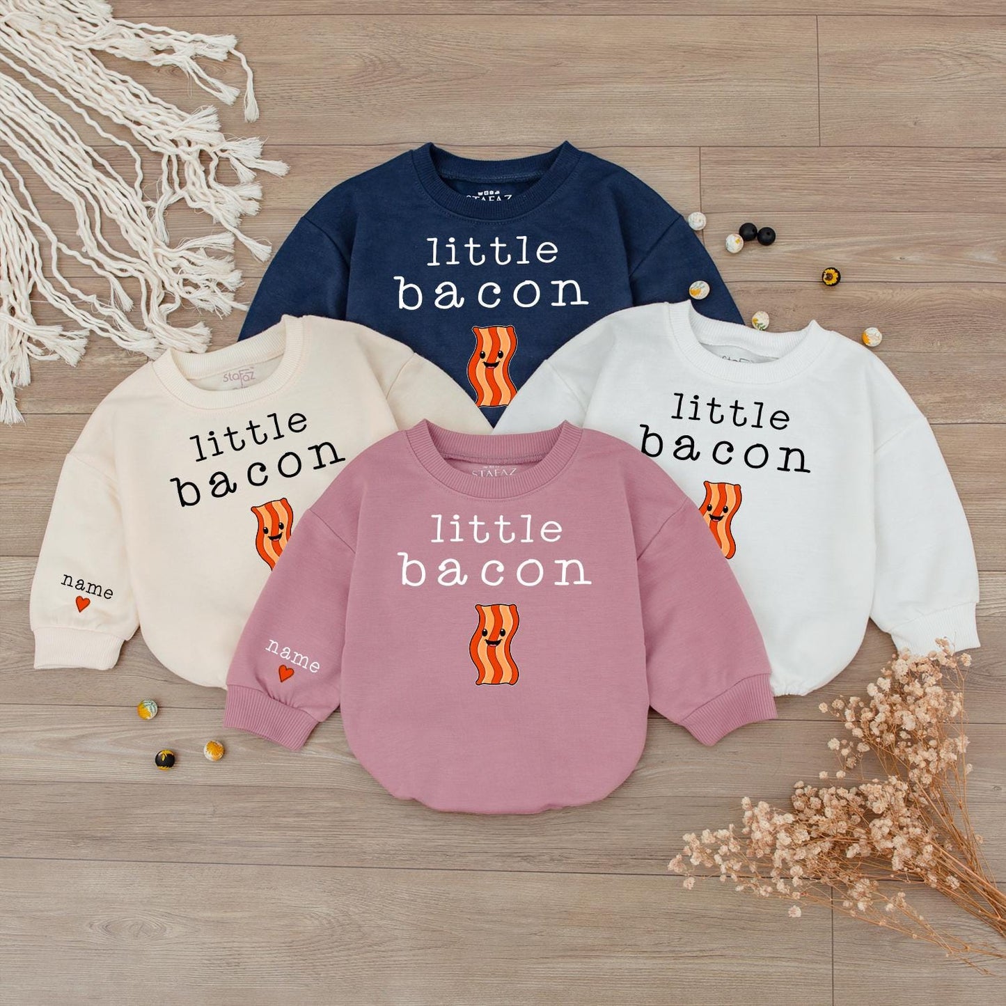 Custom Name Little Bacon Matching Sibling Baby Bodysuit Toddler Sweatshirt Playful Smiling Bacon Funny Food Newborn Gift