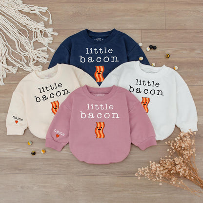 Custom Name Little Bacon Matching Sibling Baby Bodysuit Toddler Sweatshirt Playful Smiling Bacon Funny Food Newborn Gift