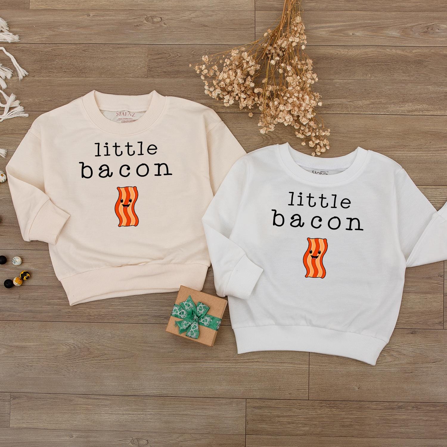 Custom Name Little Bacon Matching Sibling Baby Bodysuit Toddler Sweatshirt Playful Smiling Bacon Funny Food Newborn Gift