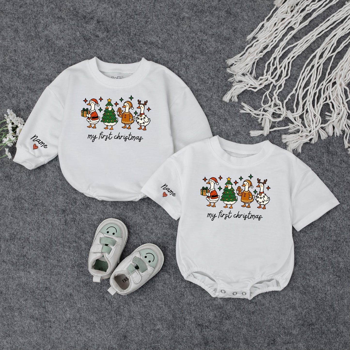 Baby's First Christmas Outfit: Santa Duck Romper & Reindeer Antler Sweatshirt, Personalized Infant Holiday Gift