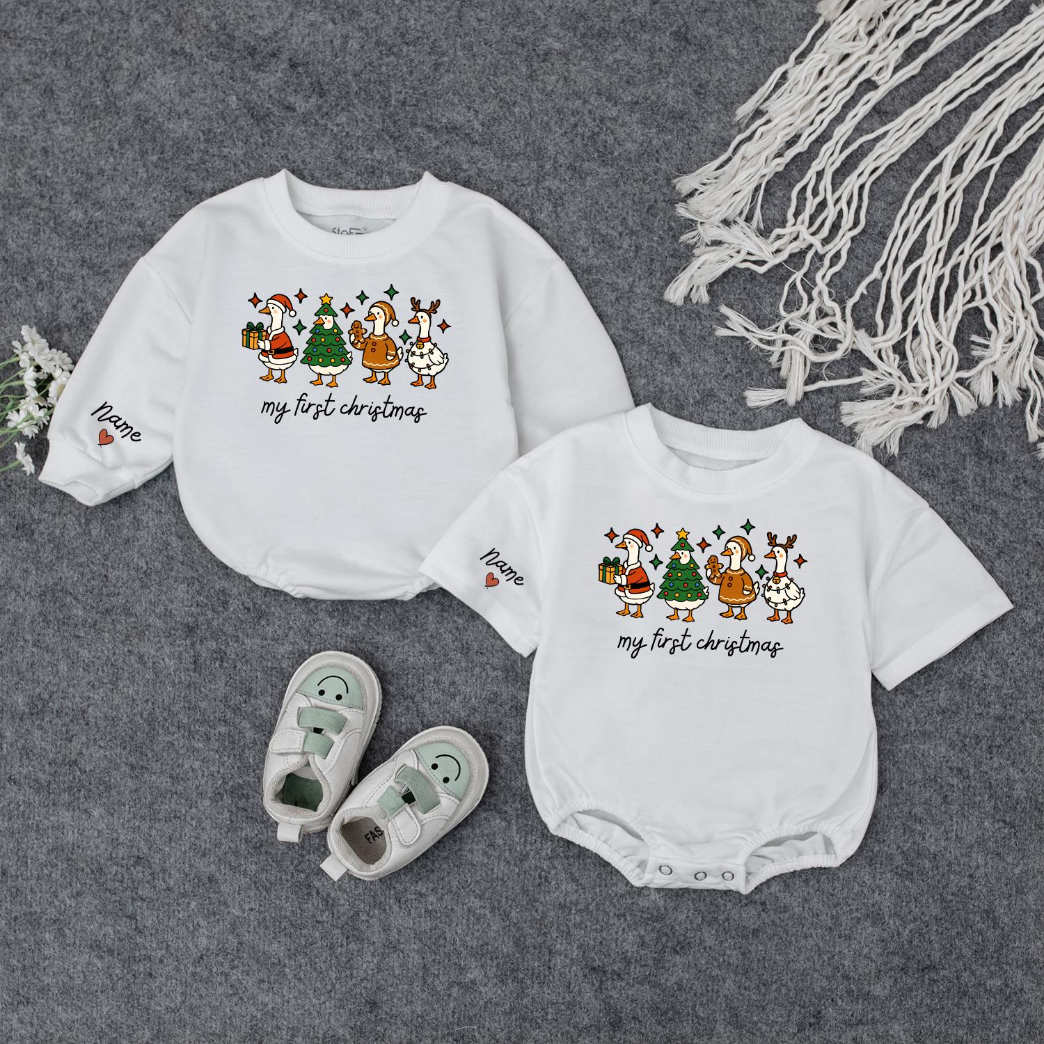 Baby's First Christmas Outfit: Santa Duck Romper & Reindeer Antler Sweatshirt, Personalized Infant Holiday Gift