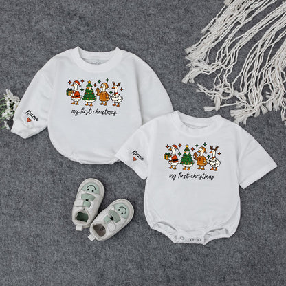 Baby's First Christmas Outfit: Santa Duck Romper & Reindeer Antler Sweatshirt, Personalized Infant Holiday Gift
