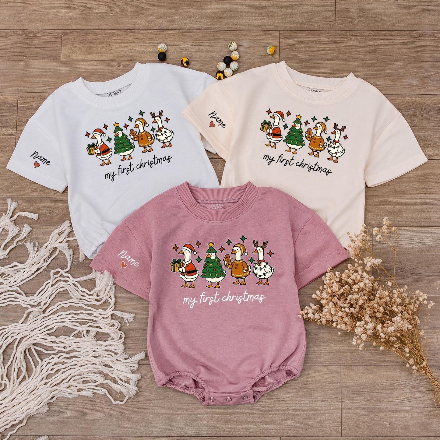 Baby's First Christmas Outfit: Santa Duck Romper & Reindeer Antler Sweatshirt, Personalized Infant Holiday Gift