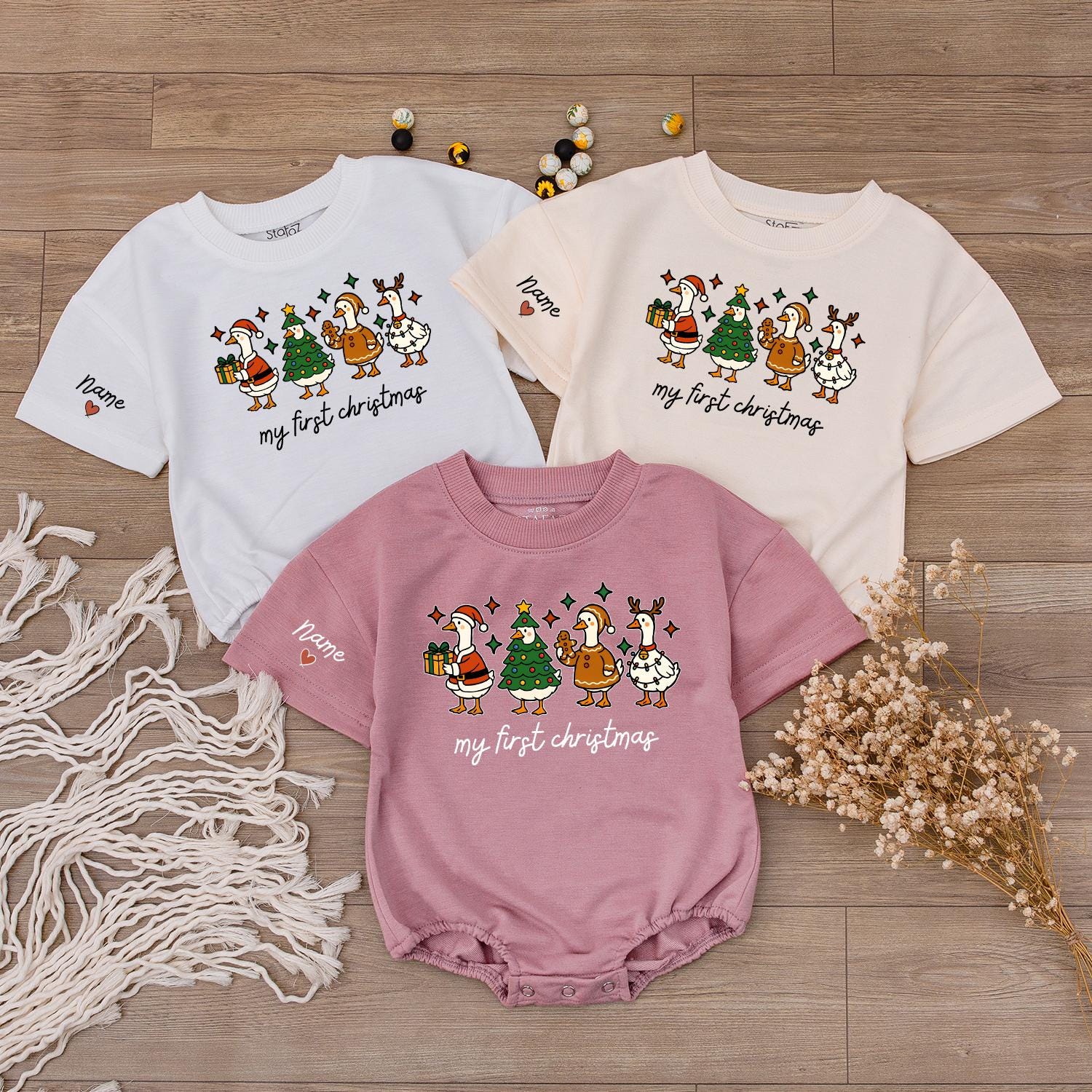 Baby's First Christmas Outfit: Santa Duck Romper & Reindeer Antler Sweatshirt, Personalized Infant Holiday Gift