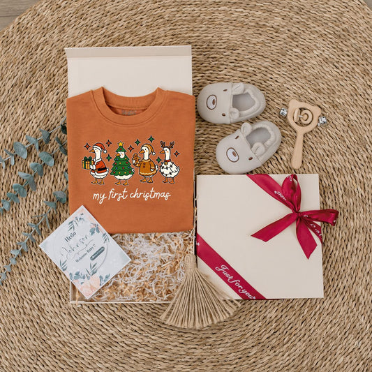 Baby's First Christmas Outfit: Santa Duck Romper & Reindeer Antler Sweatshirt, Personalized Infant Holiday Gift