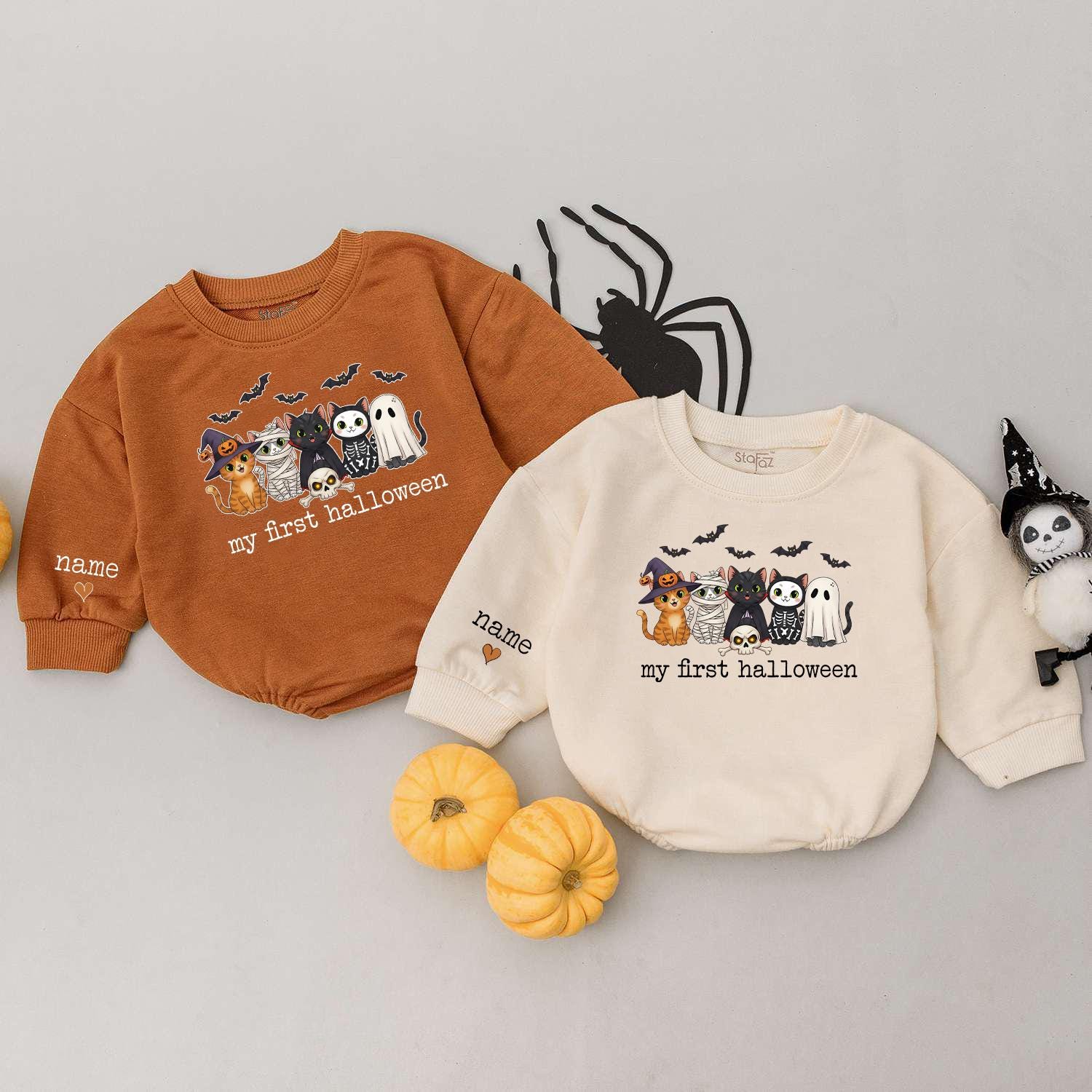 My First Halloween Baby Outfit Cute Cats Ghost Bats Spooky Toddler Infant Sweater Personalized Name Sleeve Newborn Gift
