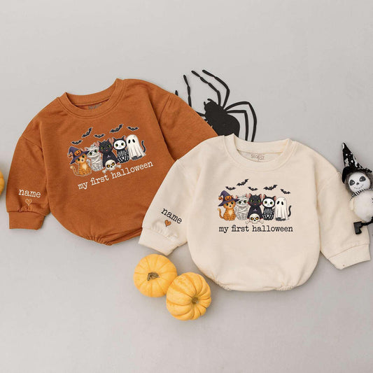 My First Halloween Baby Outfit Cute Cats Ghost Bats Spooky Toddler Infant Sweater Personalized Name Sleeve Newborn Gift