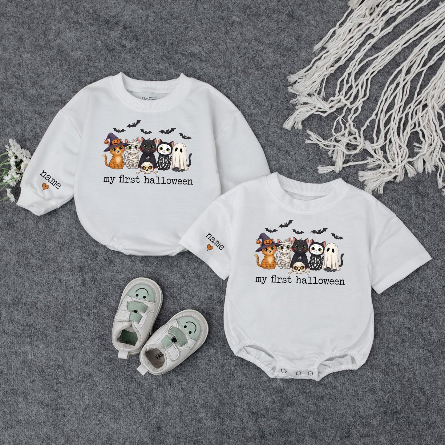 My First Halloween Baby Outfit Cute Cats Ghost Bats Spooky Toddler Infant Sweater Personalized Name Sleeve Newborn Gift