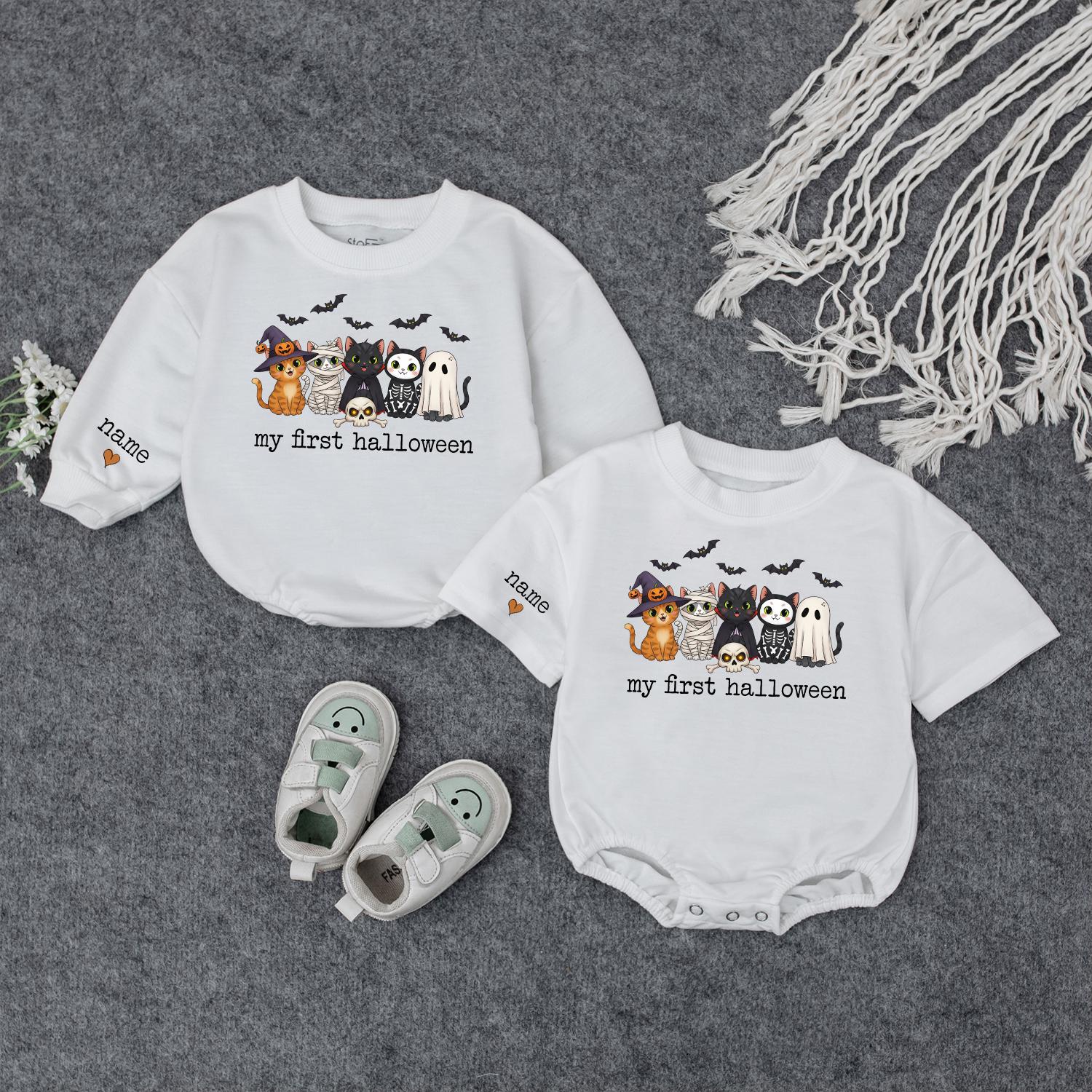 My First Halloween Baby Outfit Cute Cats Ghost Bats Spooky Toddler Infant Sweater Personalized Name Sleeve Newborn Gift