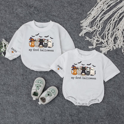 My First Halloween Baby Outfit Cute Cats Ghost Bats Spooky Toddler Infant Sweater Personalized Name Sleeve Newborn Gift