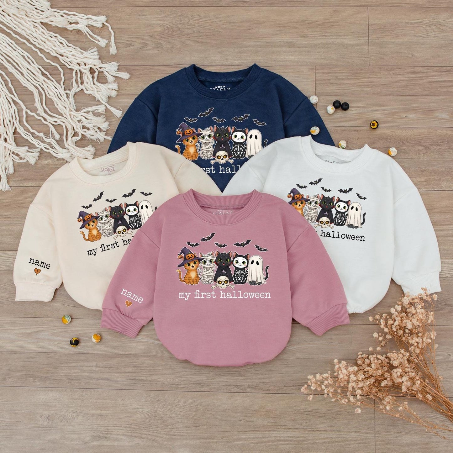 My First Halloween Baby Outfit Cute Cats Ghost Bats Spooky Toddler Infant Sweater Personalized Name Sleeve Newborn Gift