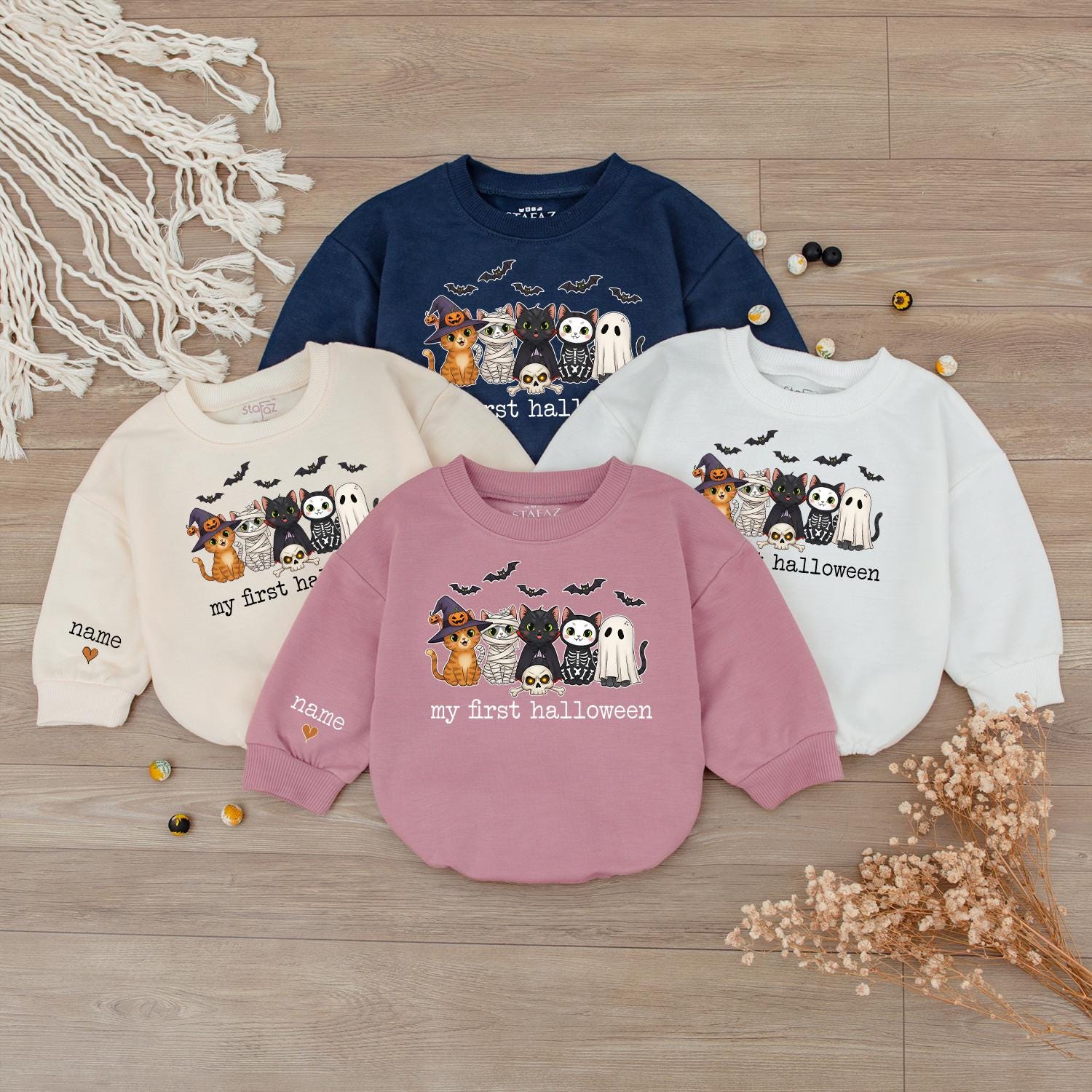 My First Halloween Baby Outfit Cute Cats Ghost Bats Spooky Toddler Infant Sweater Personalized Name Sleeve Newborn Gift