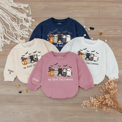 My First Halloween Baby Outfit Cute Cats Ghost Bats Spooky Toddler Infant Sweater Personalized Name Sleeve Newborn Gift