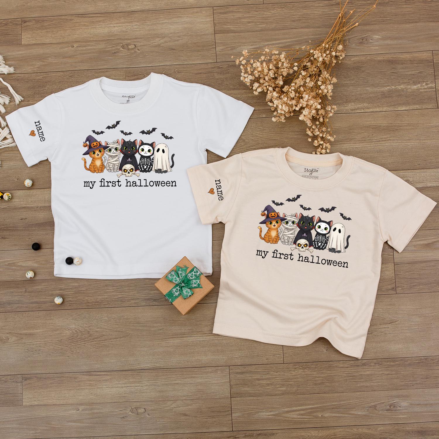 My First Halloween Baby Outfit Cute Cats Ghost Bats Spooky Toddler Infant Sweater Personalized Name Sleeve Newborn Gift