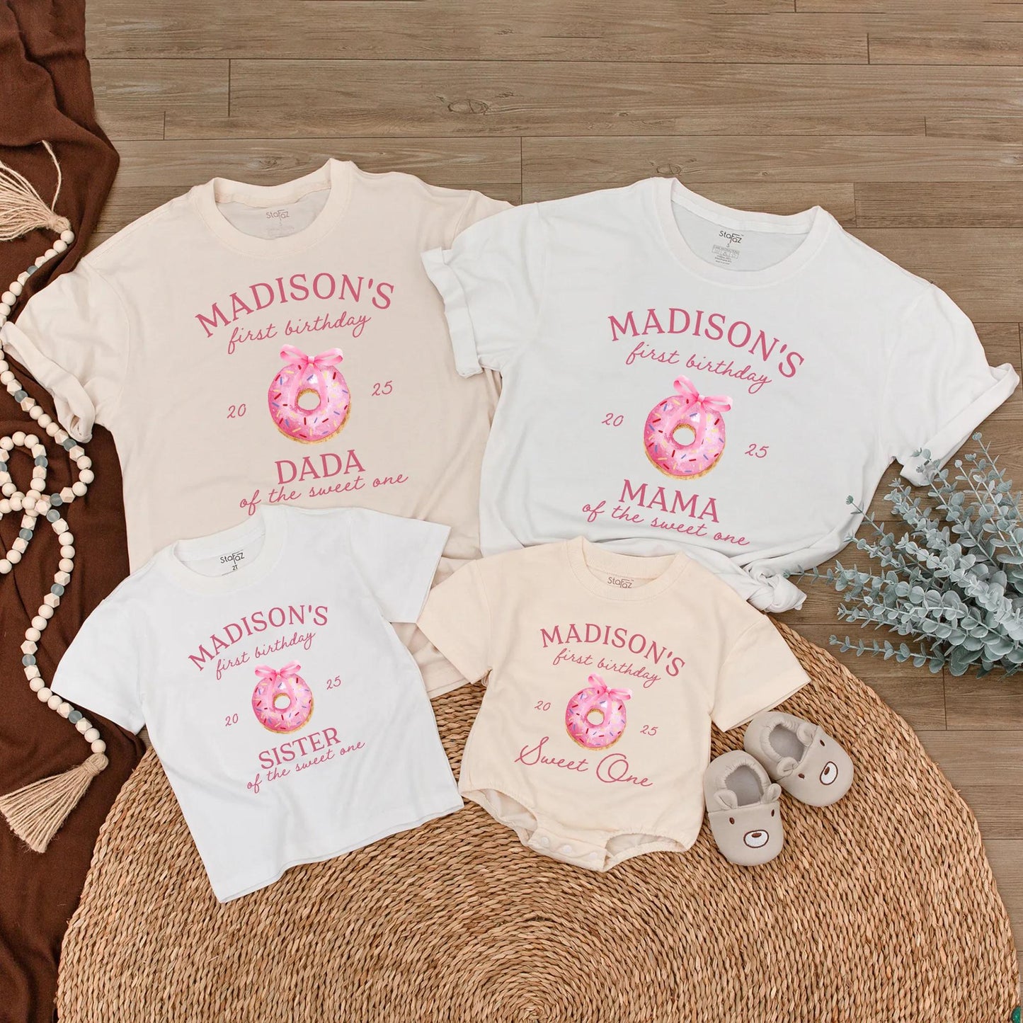 Personalized Sweet One Matching Family T-Shirts Madison's First Birthday Pink Donut Sprinkle Party Outfits for Mom Dad Sister Brother