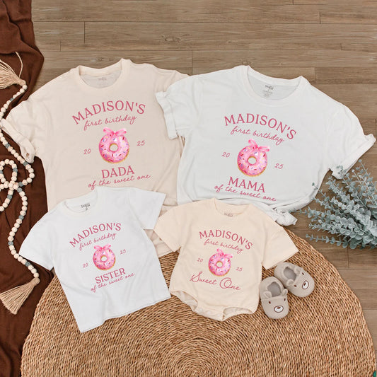 Personalized Sweet One Matching Family T-Shirts Madison's First Birthday Pink Donut Sprinkle Party Outfits for Mom Dad Sister Brother