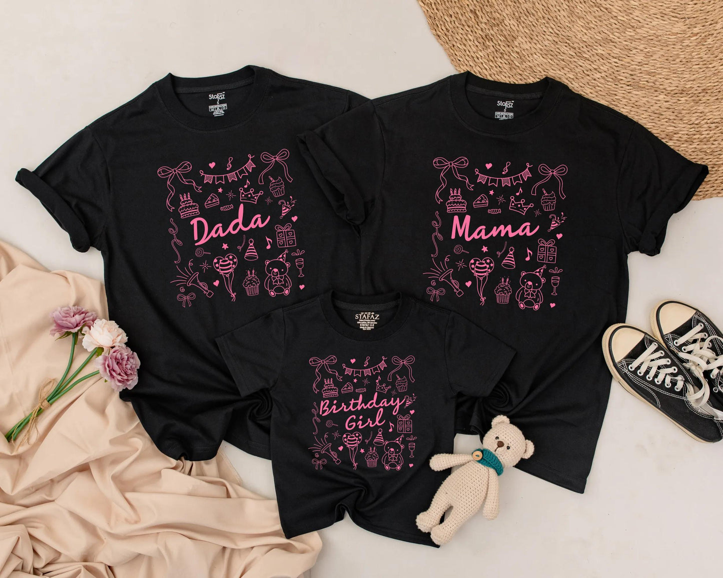 Pink Bow Birthday Girl Matching Family Shirts: Dada, Mama, Brother & Me! First Birthday Outfit Cake Smash Fun, Personalized Party Clothes, One Year Old, Baby