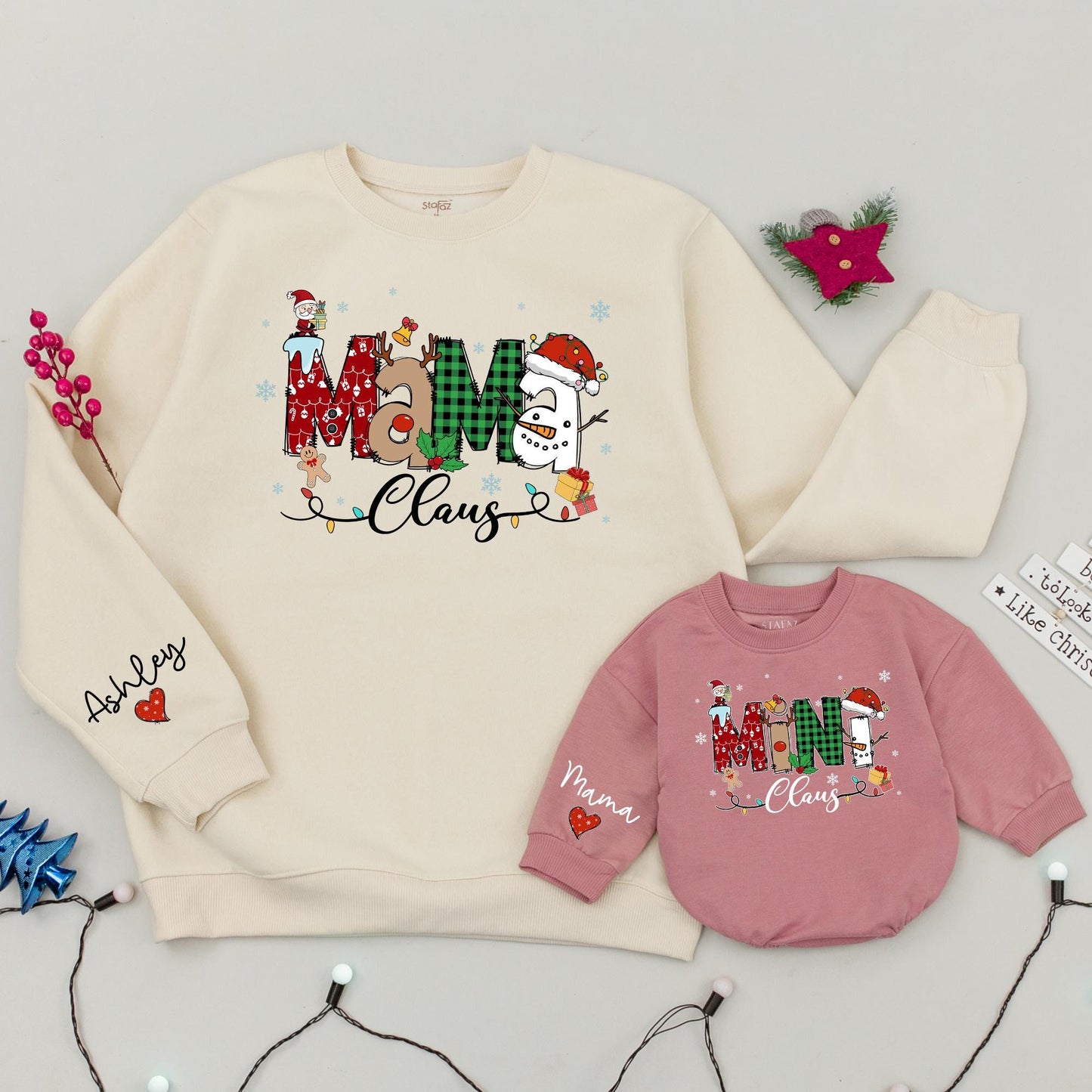 Mama and Mini Claus Matching Christmas Sweatshirts Whimsical Santa Snowman Holiday Outfits Cozy Family Festive Mommy Baby Gift