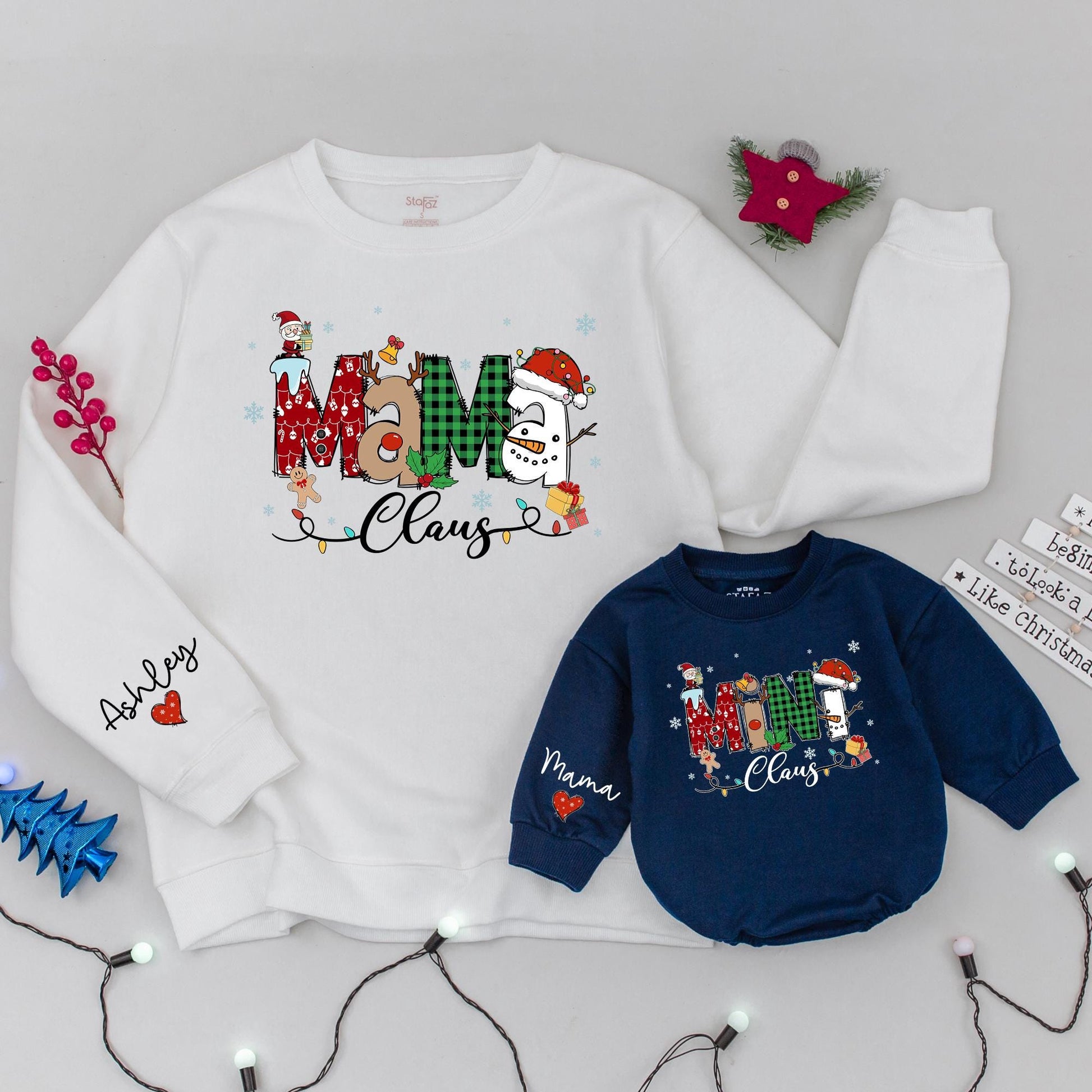 Mama and Mini Claus Matching Christmas Sweatshirts Whimsical Santa Snowman Holiday Outfits Cozy Family Festive Mommy Baby Gift