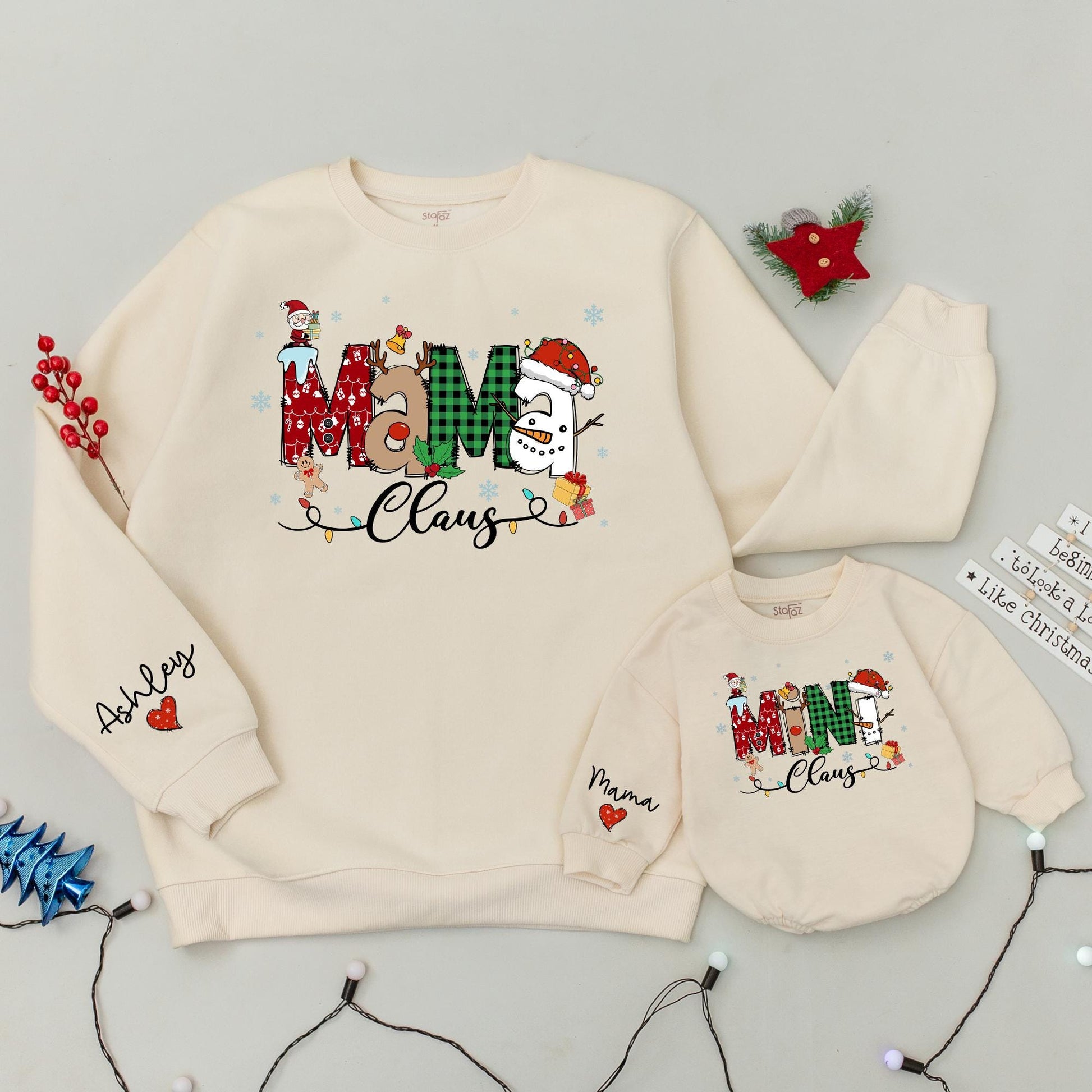 Mama and Mini Claus Matching Christmas Sweatshirts Whimsical Santa Snowman Holiday Outfits Cozy Family Festive Mommy Baby Gift