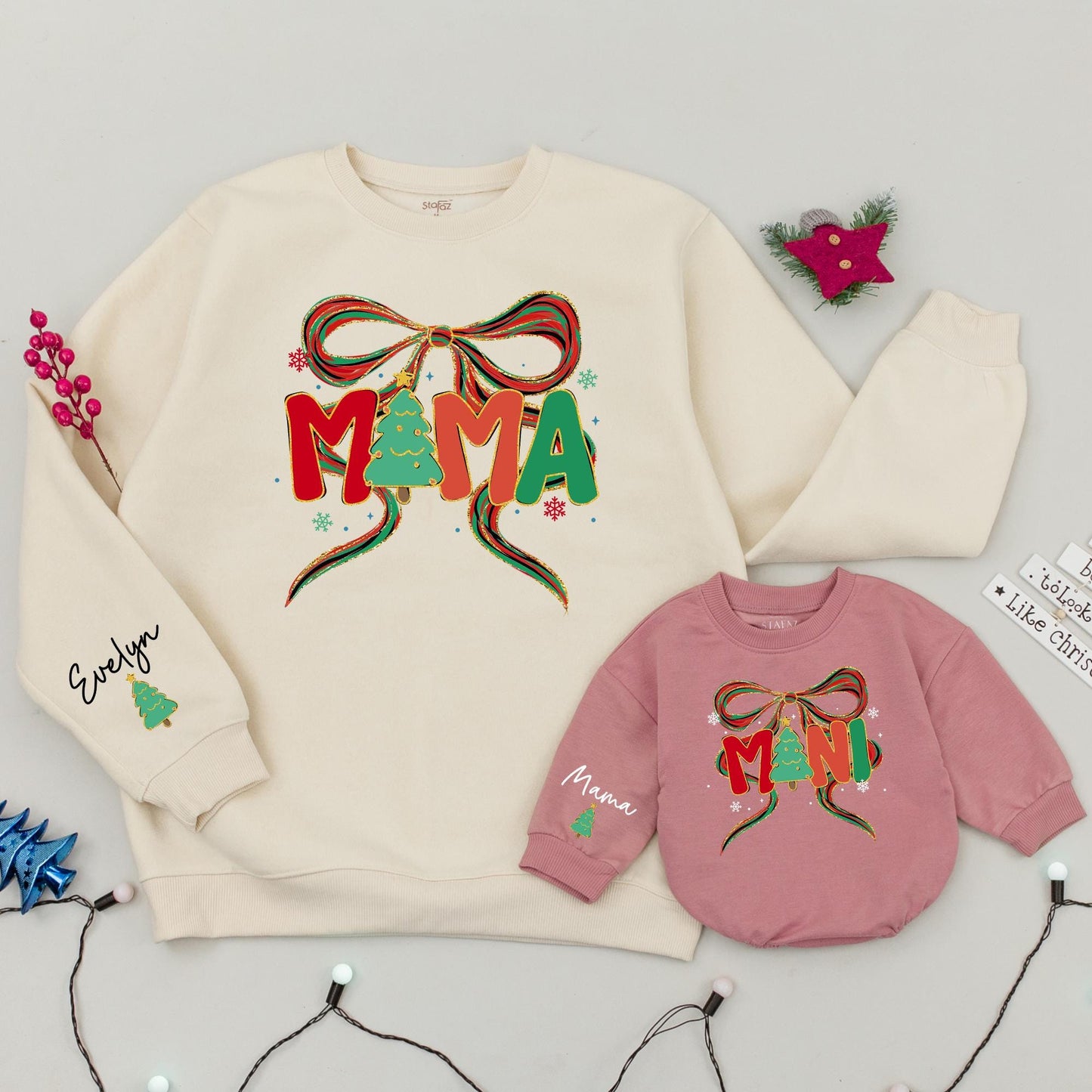 Mama and Mini Christmas Tree Bow Sweatshirt Family Matching Holiday Outfits Custom Evelyn Baby Gift Cozy Xmas