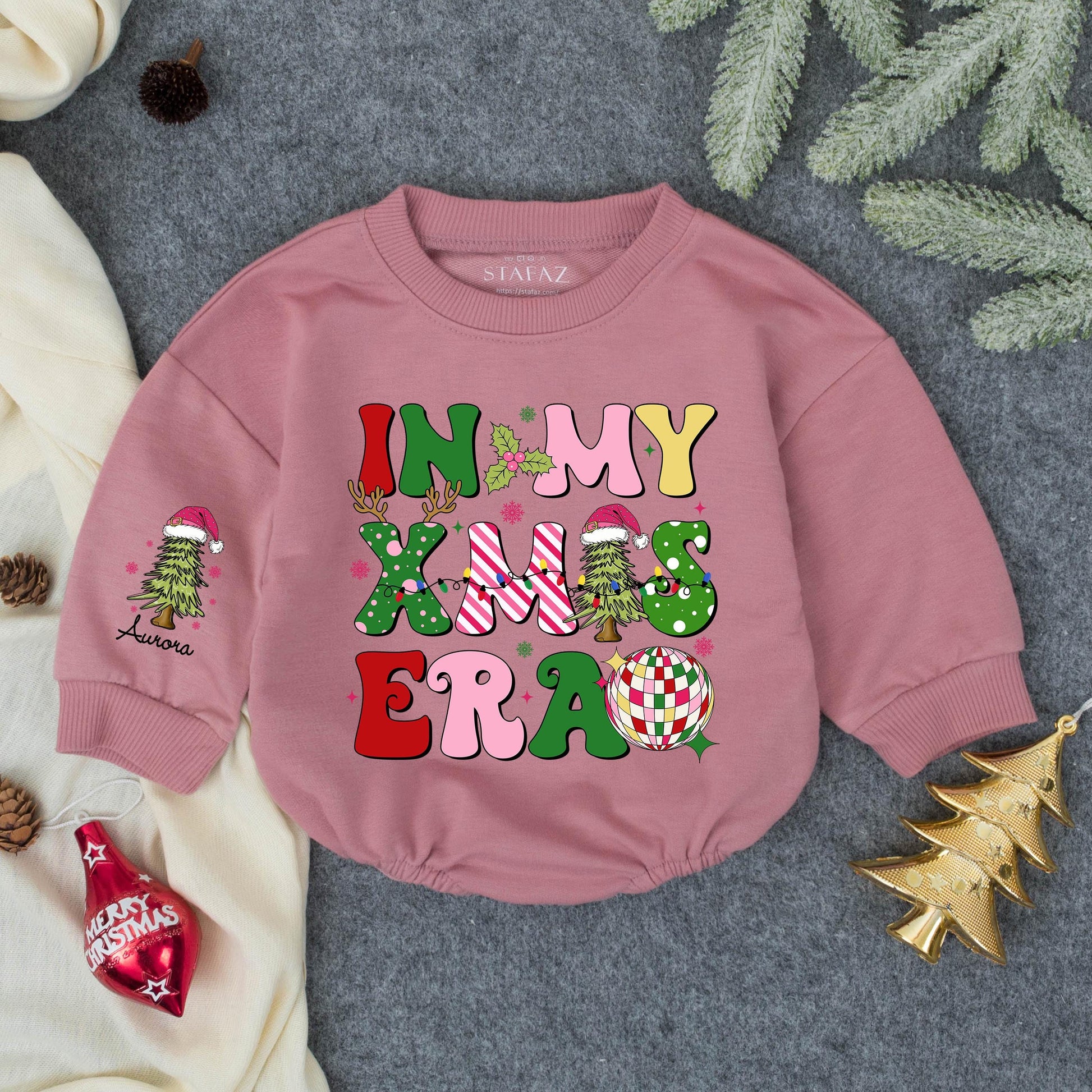 Aurora Groovy Retro Christmas Romper Personalized First Christmas Outfit for Baby Girls with Disco Ball and Trees