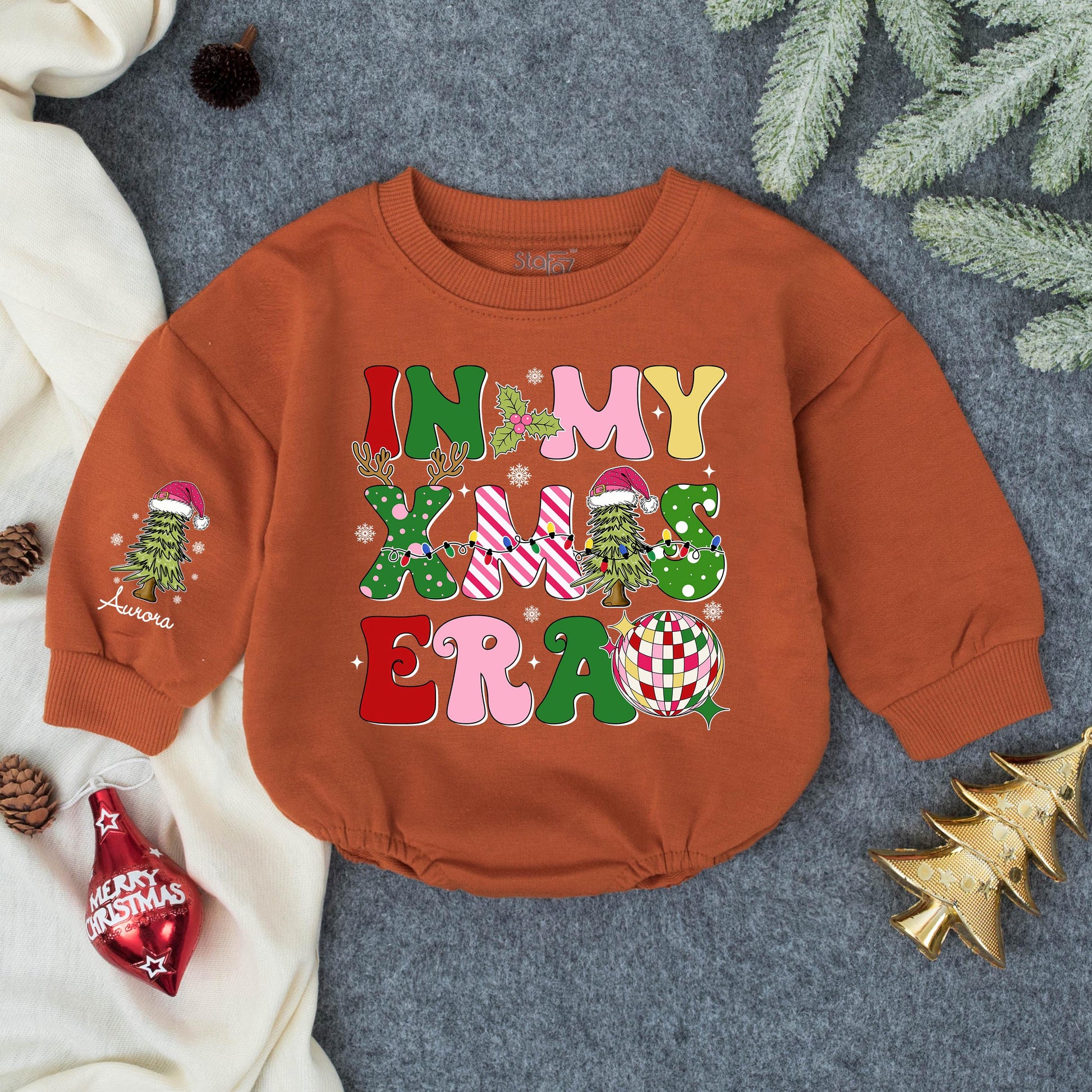 Aurora Groovy Retro Christmas Romper Personalized First Christmas Outfit for Baby Girls with Disco Ball and Trees
