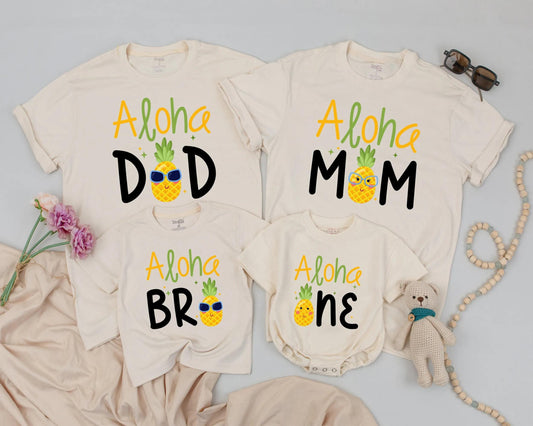 Personalized Aloha Pineapple Family Matching Birthday Shirts for 1st Luau Celebrations Fun Tropical Whimsical Design One Year Party