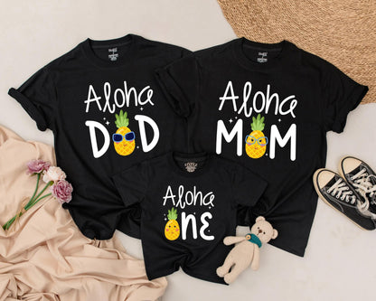 Personalized Aloha Pineapple Family Matching Birthday Shirts for 1st Luau Celebrations Fun Tropical Whimsical Design One Year Party