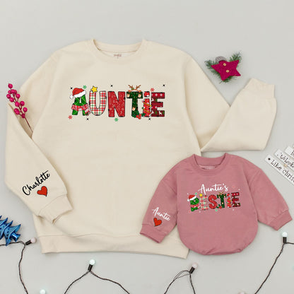 Matching Auntie and Auntie's Bestie Christmas Sweatshirt Cozy Holiday Outfits for Family Festive Winter Gifts with Plaid Holly Reindeer Tree Designs