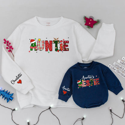 Matching Auntie and Auntie's Bestie Christmas Sweatshirt Cozy Holiday Outfits for Family Festive Winter Gifts with Plaid Holly Reindeer Tree Designs