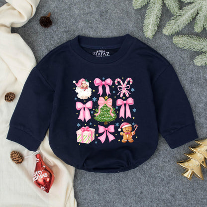 Retro Santa Baby Christmas Romper & Outfit: Pink Bows, Candy Canes, Gingerbread Man, & Snowflake Accents! Cutesy Holiday Gift