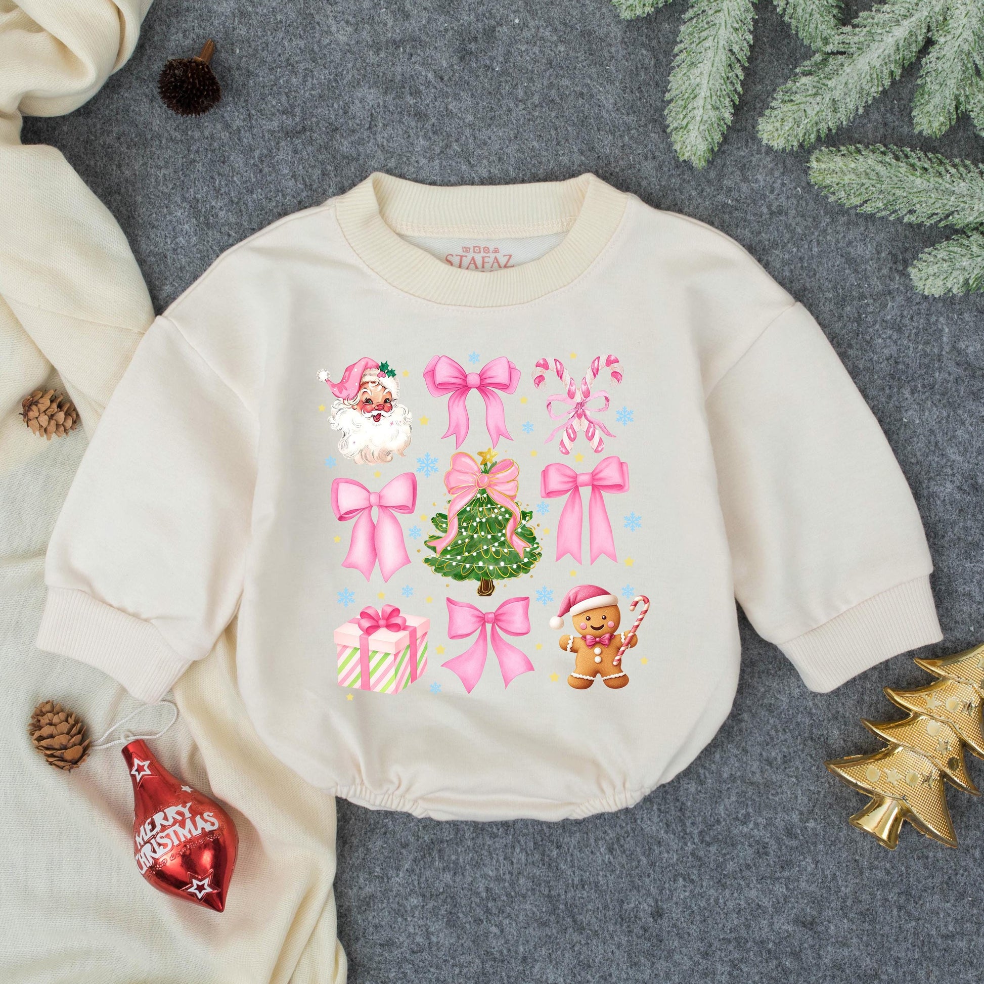 Retro Santa Baby Christmas Romper & Outfit: Pink Bows, Candy Canes, Gingerbread Man, & Snowflake Accents! Cutesy Holiday Gift