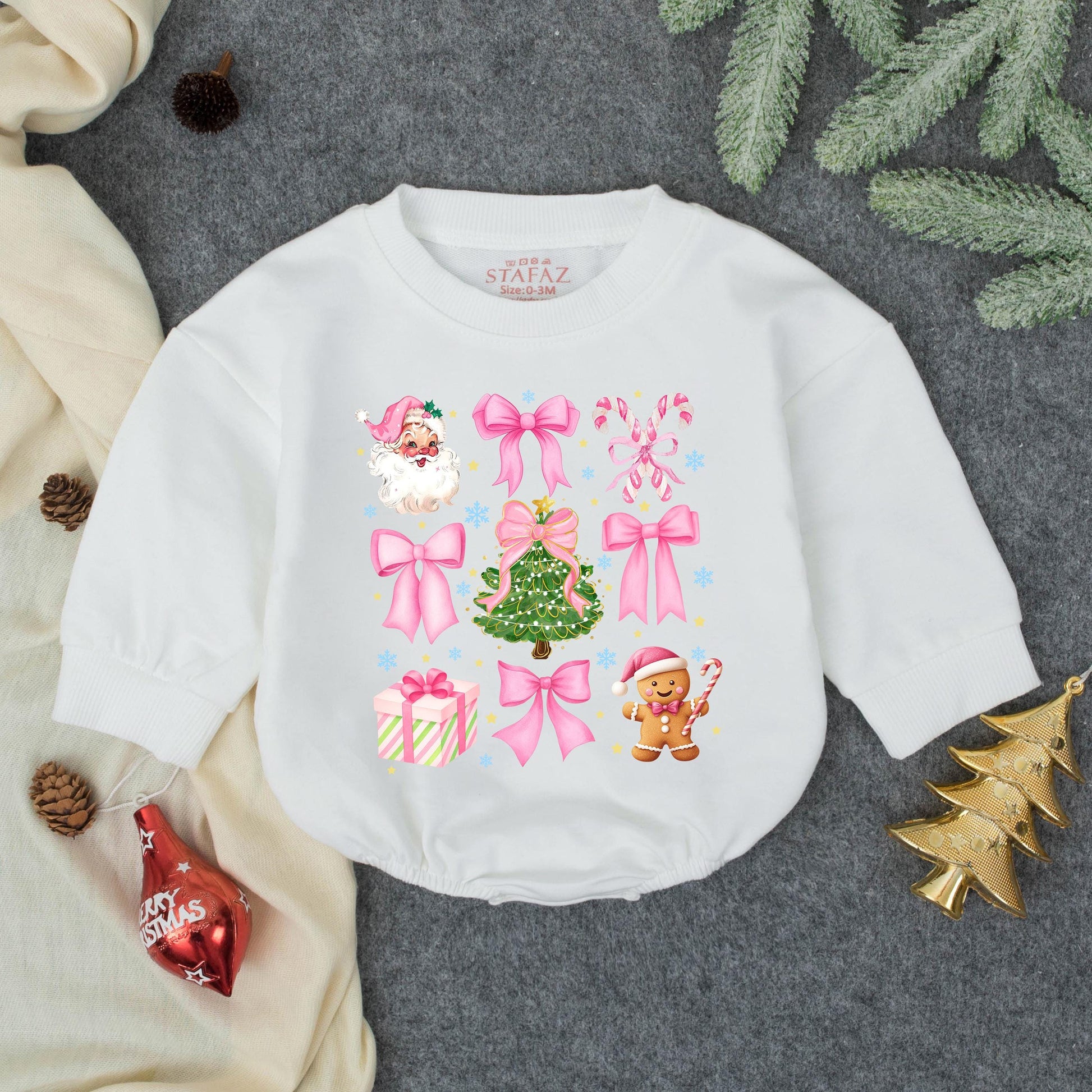 Retro Santa Baby Christmas Romper & Outfit: Pink Bows, Candy Canes, Gingerbread Man, & Snowflake Accents! Cutesy Holiday Gift