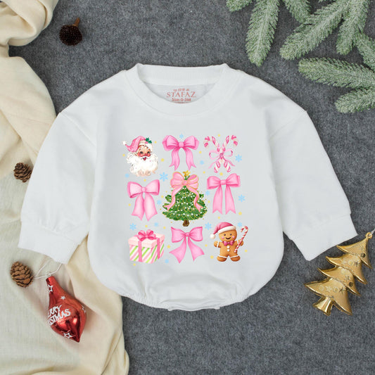 Retro Santa Baby Christmas Romper & Outfit: Pink Bows, Candy Canes, Gingerbread Man, & Snowflake Accents! Cutesy Holiday Gift