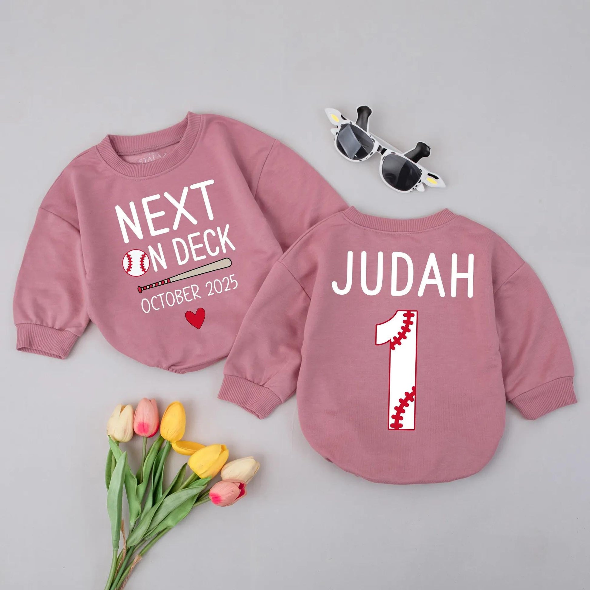 Custom Next on Deck Baby Announcement Romper October 2025 Baseball Theme Coming Home Outfit Personalized Newborn Gift