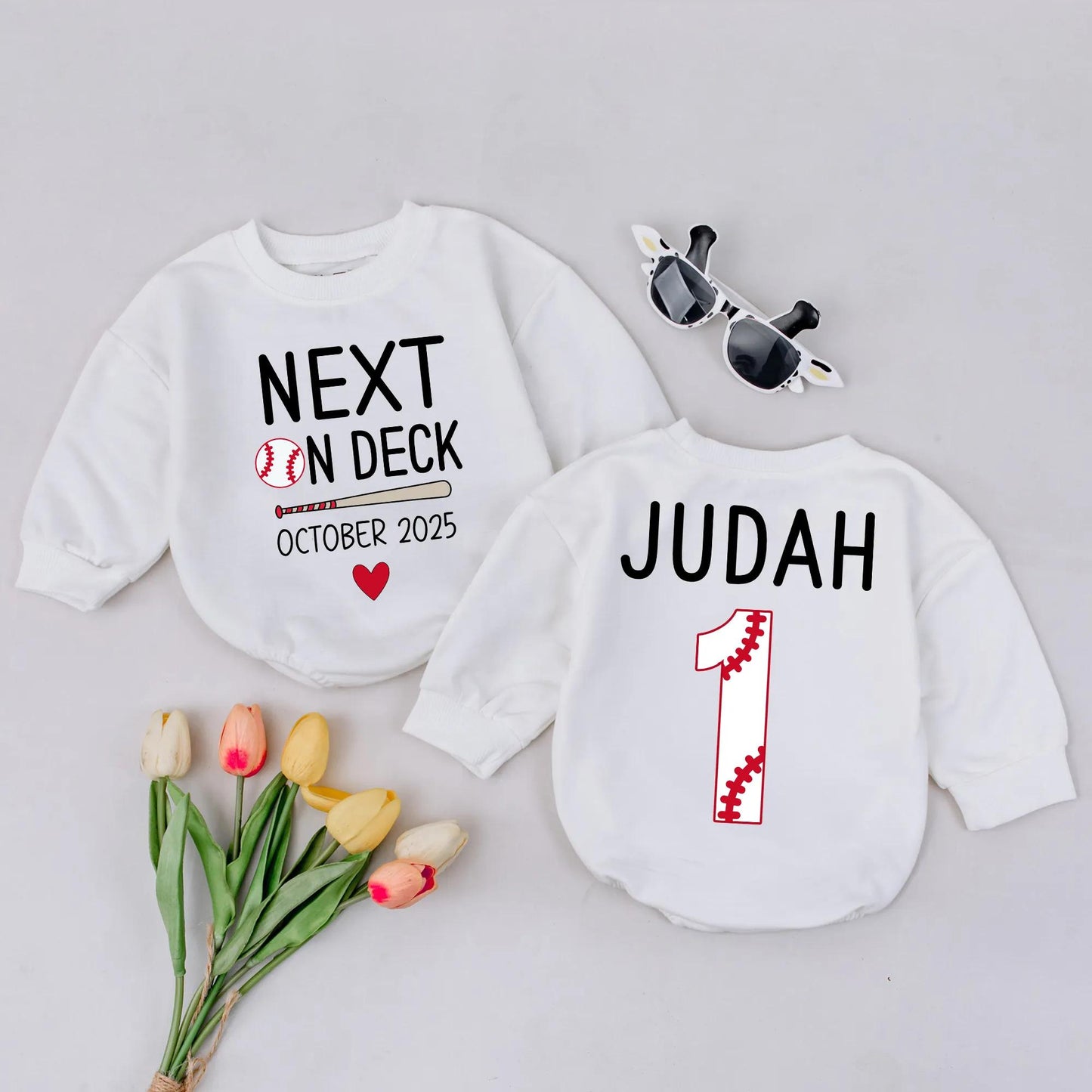 Custom Next on Deck Baby Announcement Romper October 2025 Baseball Theme Coming Home Outfit Personalized Newborn Gift