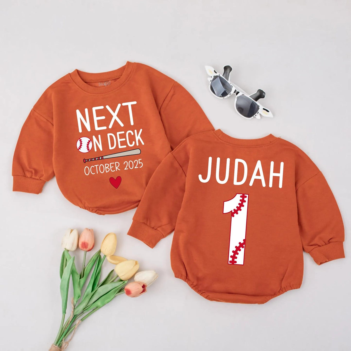 Custom Next on Deck Baby Announcement Romper October 2025 Baseball Theme Coming Home Outfit Personalized Newborn Gift