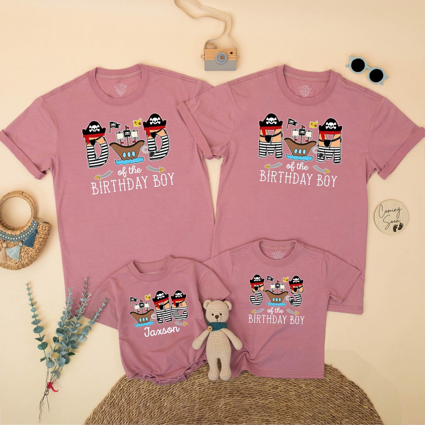 Pirate Themed Family Matching Birthday Shirts for Mom Dad of the Birthday Boy First Celebration Cartoon Ships Hats Flags Baby Toddler Outfit Gift