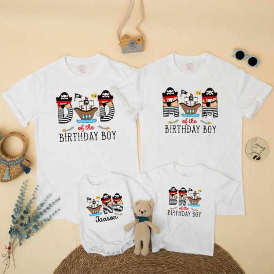 Pirate Themed Family Matching Birthday Shirts for Mom Dad of the Birthday Boy First Celebration Cartoon Ships Hats Flags Baby Toddler Outfit Gift
