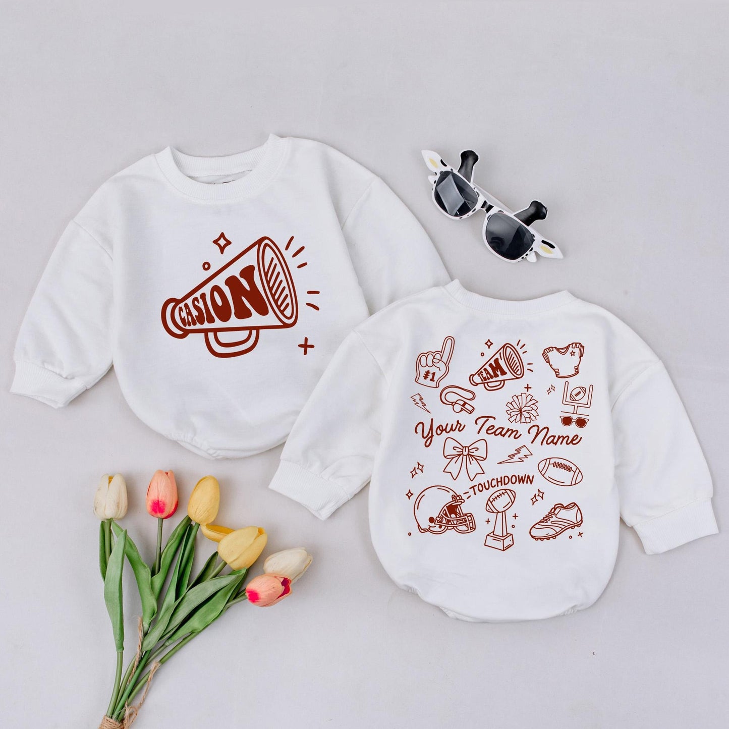 Custom Team Name Football Romper, Touchdown Season Baby Outfit, Personalized Sport Bodysuit with Doodle Art, Game Day Clothes, Unique Baby Gift 138 chars