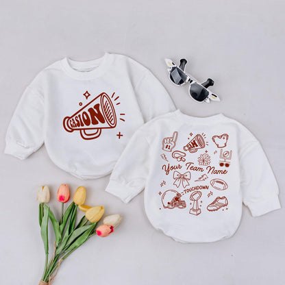 Custom Team Name Football Romper, Touchdown Season Baby Outfit, Personalized Sport Bodysuit with Doodle Art, Game Day Clothes, Unique Baby Gift 138 chars