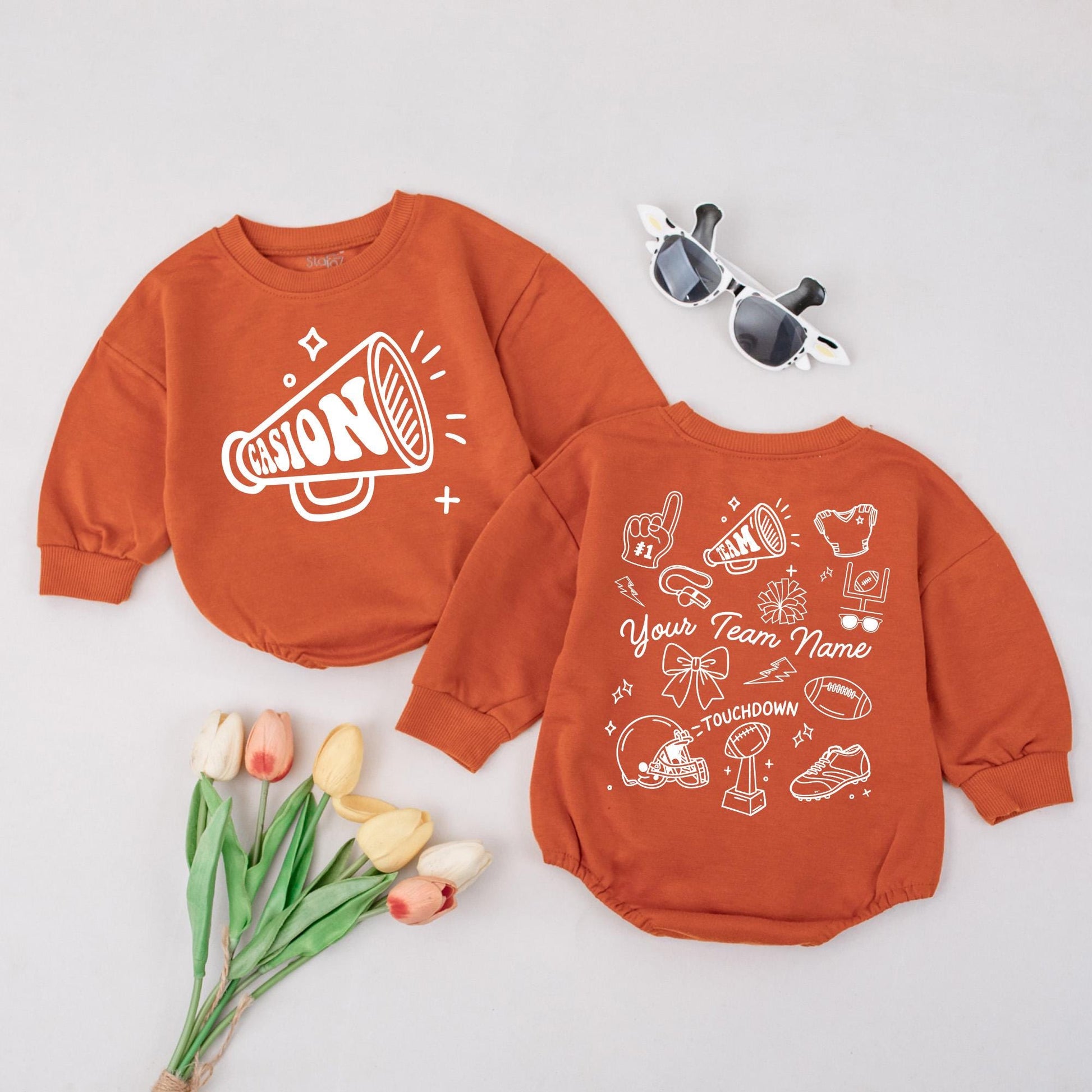 Custom Team Name Football Romper, Touchdown Season Baby Outfit, Personalized Sport Bodysuit with Doodle Art, Game Day Clothes, Unique Baby Gift 138 chars