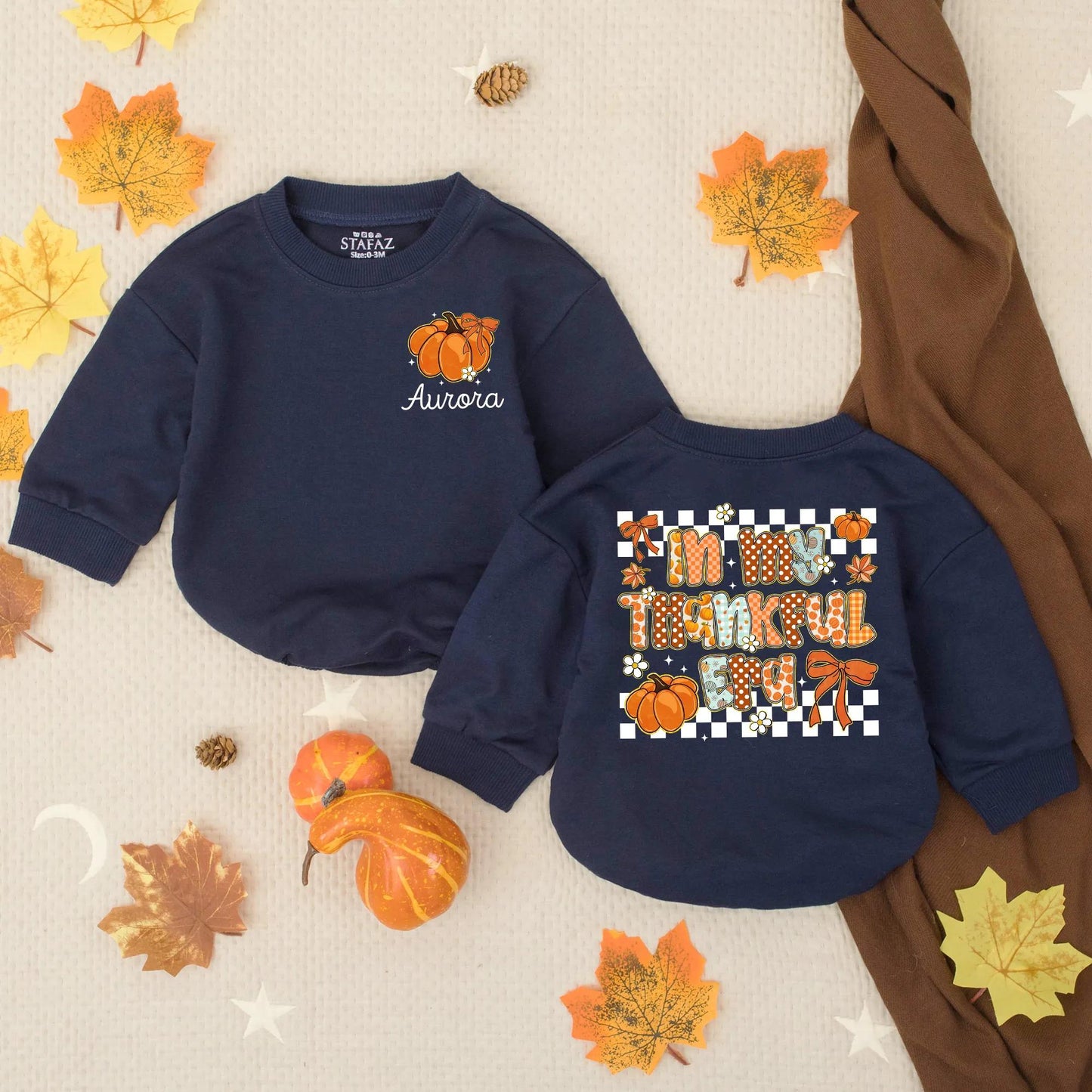 Custom Preppy In My Thankful Era Baby Romper Fall Thanksgiving Infant Outfit Autumn Toddler Sweatshirt Cute Pumpkin Retro Holiday Baby Gift